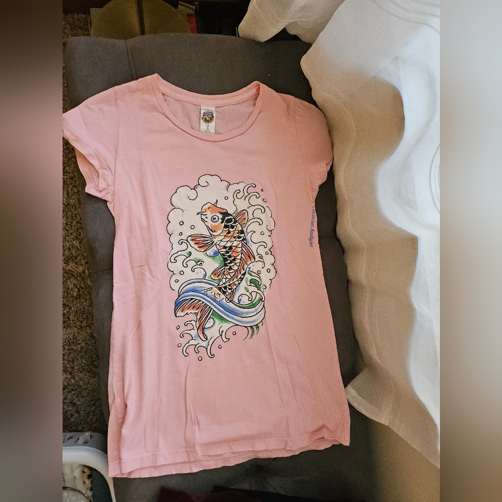 Y2K Ed Hardy Christian Audigier Pink Koi Fish Long Graphic Tee